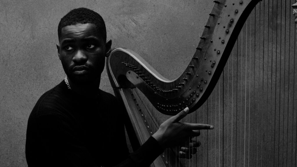 Rapper Dave pictured with a harp against the grey background.